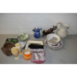 MIXED LOT TO INCLUDE FRILLED GLASS BOWL, MODEL ELEPHANT, VARIOUS DECORATED PLATES, POLISHED STONE