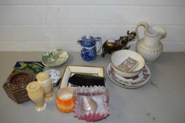 MIXED LOT TO INCLUDE FRILLED GLASS BOWL, MODEL ELEPHANT, VARIOUS DECORATED PLATES, POLISHED STONE