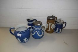 MIXED LOT VARIOUS JASPERWARE JUGS TO INCLUDE PEWTER LIDDED EXAMPLES (5)