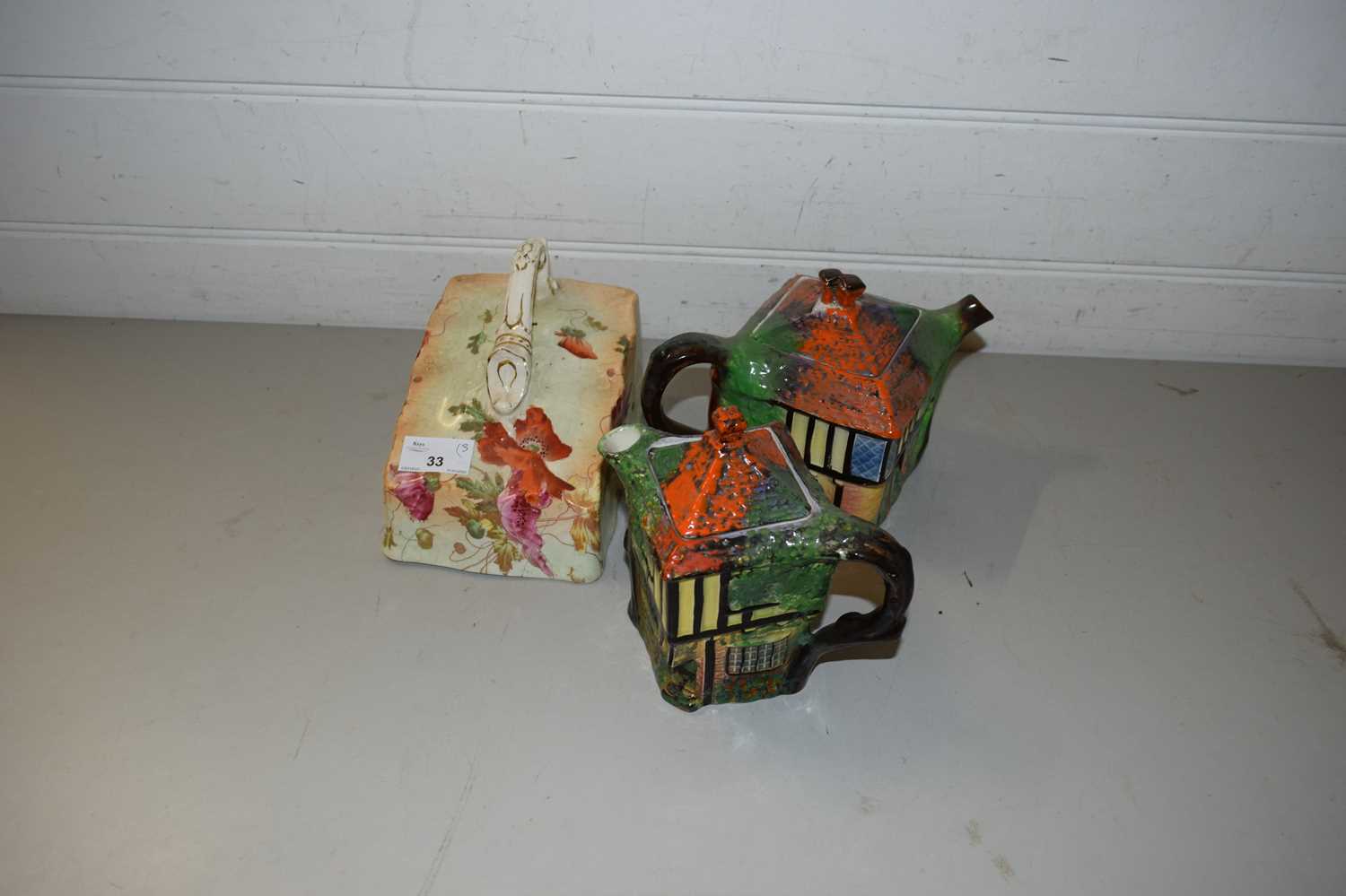 TWO OLD INNE NOVELTY COFFEE POTS AND A FURTHER CHEESE COVER (3)