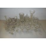 LARGE MIXED LOT VARIOUS CLEAR DRINKING GLASSES, VASES ETC