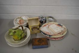 VARIOUS WARES TO INCLUDE AN OLIVE WOOD MOUNTED BIBLE, BOXED WADE TORTOISES, PRATT WARE POT LIDS,