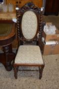 LATE VICTORIAN ROSEWOOD FRAMED HALL CHAIR WITH UPHOLSTERED BACK AND SEAT AND BARLEY TWIST SUPPORTS
