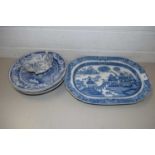 MIXED LOT VARIOUS 19TH CENTURY BLUE AND WHITE DECORATED PLATES, MEAT PLATES AND SMALL PICKLE DISH