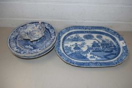 MIXED LOT VARIOUS 19TH CENTURY BLUE AND WHITE DECORATED PLATES, MEAT PLATES AND SMALL PICKLE DISH