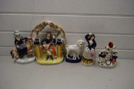 MIXED LOT FIVE VARIOUS STAFFORDSHIRE FIGURES TO INCLUDE A POODLE AND A FIGURE IN A BOWER (5)