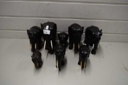 EIGHT VARIOUS EBONY ELEPHANTS