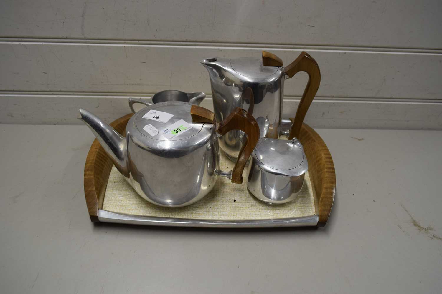 PICQUOT WARE FOUR PIECE TEA SET WITH TRAY