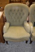 20TH CENTURY BUTTON BACK ARMCHAIR, UPHOLSTERED IN CHEQUERED FABRIC, RAISED ON TAPERING LEGS WITH