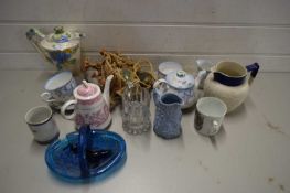 MIXED LOT TO INCLUDE A ROYAL ALBERT WOODLAND PART TEA SET, VARIOUS DECORATED JUGS, POLISHED STONES