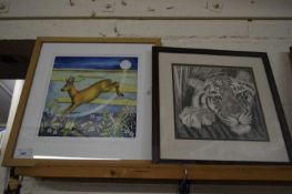 COLOURED PRINT 'LEAPING DEER' AND A FURTHER STUDY OF A TIGER, BOTH F/G