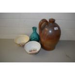 19TH CENTURY EARTHENWARE FLAGON TOGETHER WITH TWO SLOP BOWLS AND A FURTHER GREEN GLAZED VASE