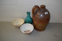 19TH CENTURY EARTHENWARE FLAGON TOGETHER WITH TWO SLOP BOWLS AND A FURTHER GREEN GLAZED VASE