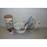 PORTMEIRION BOTANIC GARDEN COFFEE POT, TWO STORAGE JARS AND A ENAMEL CHAMBER POT