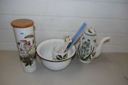 PORTMEIRION BOTANIC GARDEN COFFEE POT, TWO STORAGE JARS AND A ENAMEL CHAMBER POT