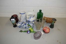 VARIOUS CERAMICS TO INCLUDE MODEL COW, VARIOUS VASES, BRETBY PLUS FURTHER GLASS WARES