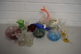 VARIOUS DRINKING GLASSES, GLASS BOWLS, ART GLASS FISH ETC