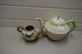 SMALL 18TH CENTURY CONTINENTAL TEA POT AND A BELLEEK SHELL FORMED TEA POT (BOTH A/F)