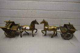 TWO BRASS HORSES AND CARTS