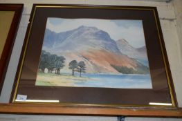 E GRIEG HALL, STUDY OF AN UPLAND LANDSCAPE WITH LAKE, WATERCOLOUR, F/G, 66CM WIDE