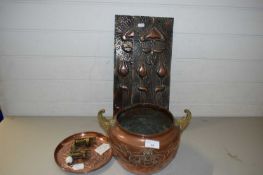 MIXED LOT COMPRISING ARTS & CRAFTS TYPE COPPER WALL PLAQUES, COPPER JARDINIERE AND OTHER ITEMS