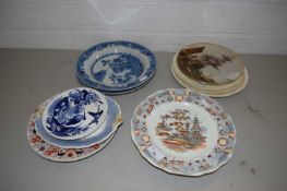 MIXED LOT VARIOUS DECORATED PLATES TO INCLUDE VARIOUS IRONSTONE AND BLUE AND WHITE EXAMPLES