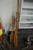 MIXED LOT - THREE VINTAGE OARS AND VINTAGE FISHING ROD