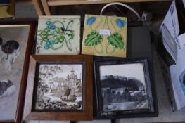 MIXED LOT FIVE VARIOUS VICTORIAN AND LATER TILES TO INCLUDE SOME WITH PHOTOGRAPHIC PRINT