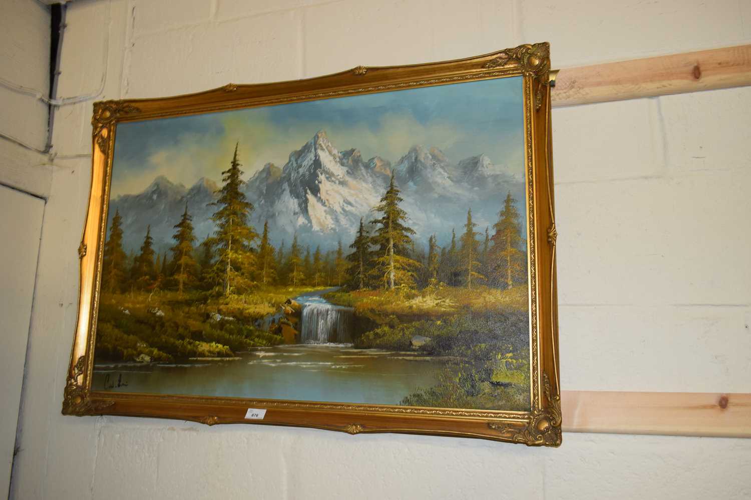 OIL ON CANVAS STUDY, MOUNTAIN LANDSCAPE SET INTO A GILT FRAME