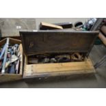 WOODEN TOOLBOX CONTAINING VARIOUS VINTAGE TOOLS