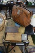 BOX CONTAINING METAL CASH TIN, LEATHER BAG AND OTHER ITEMS
