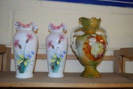 PAIR OF LATE 19TH CENTURY OPAQUE GLASS VASES DECORATED WITH FLOWERS TOGETHER WITH A FURTHER