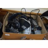 BOX OF VARIOUS ASSORTED MODERN RADIOS, HEADPHONES ETC