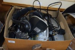 BOX OF VARIOUS ASSORTED MODERN RADIOS, HEADPHONES ETC