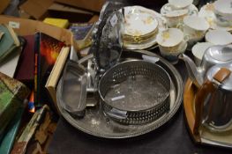 MIXED LOT SILVER PLATED SERVING TRAY AND OTHER ASSORTED ITEMS