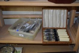 BOX OF ASSORTED SILVER PLATE AND STEEL CUTLERY TOGETHER WITH A CASE OF FISH CUTLERY