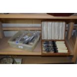 BOX OF ASSORTED SILVER PLATE AND STEEL CUTLERY TOGETHER WITH A CASE OF FISH CUTLERY