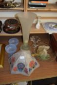 MIXED LOT VARIOUS GLASS VASES, GLASS LIGHT SHADE AND OTHER ITEMS