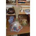 MIXED LOT VARIOUS GLASS VASES, GLASS LIGHT SHADE AND OTHER ITEMS