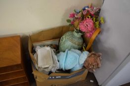 BOX VARIOUS HOUSE CLEARANCE ITEMS, VINTAGE DOLL, LARGE VASE OF FLOWERS, VARIOUS COOKWARES, RECORDS