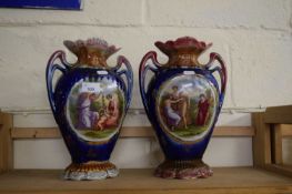 PAIR OF LATE 19TH CENTURY DOUBLE HANDLED VASES DECORATED WITH CLASSICAL SCENES