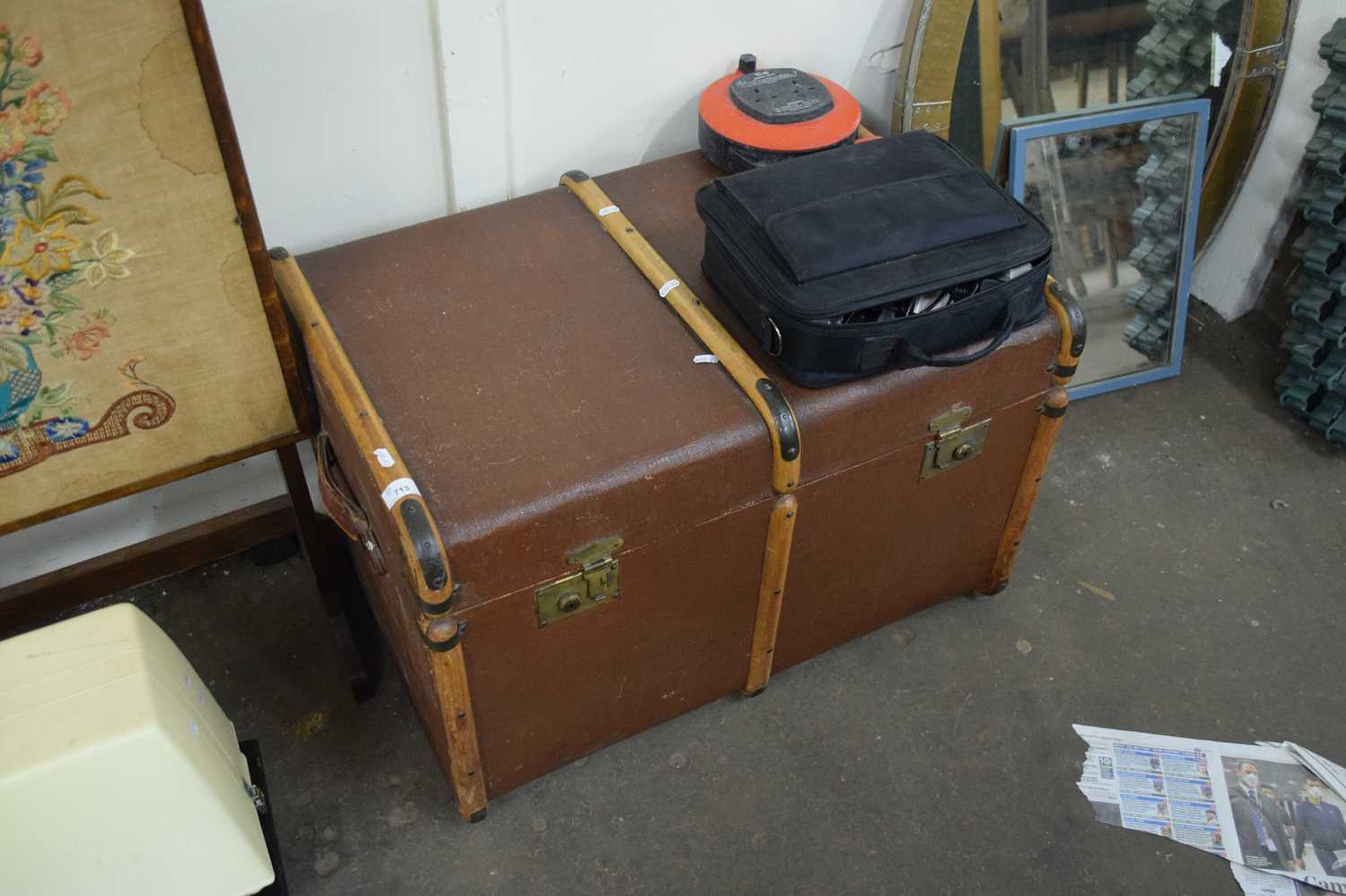 VINTAGE WOOD FRAMED TRAVEL TRUNK, 75CM WIDE