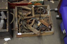 WOODEN BOX CONTAINING FLAT IRONS AND OTHER ITEMS