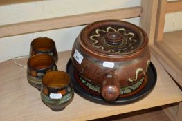 MODERN STUDIO POTTERY PAN TOGETHER WITH A FURTHER TRAY AND THREE GOBLETS