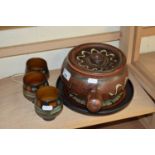 MODERN STUDIO POTTERY PAN TOGETHER WITH A FURTHER TRAY AND THREE GOBLETS