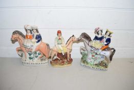 MIXED LOT OF STAFFORDSHIRE FIGURES, TWO VERSIONS OF 'GOING TO MARKET' AND A FURTHER FIGURE ON