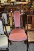 VICTORIAN GOTHIC STYLE SIDE CHAIR WITH BARLEY TWIST UPRIGHTS, PINK UPHOLSTERED SEAT AND BACK AND