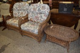 PAIR OF MODERN CANE CONSERVATORY ARMCHAIRS AND ACCOMPANYING TABLE (3)