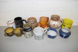 MIXED LOT TO INCLUDE DOULTON HUNTING JUG, SMALL JASPERWARE SQUAT VASE, MUGS, CUPS, TOBACCO JAR ETC