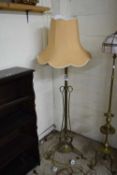 BRASS ARTS AND CRAFTS STYLE STANDARD LAMP WITH FABRIC SHADE